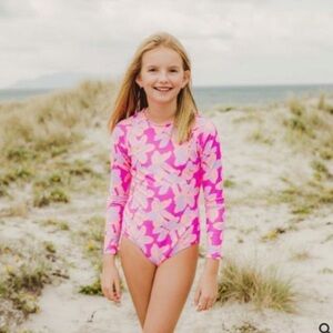 Snapper Rock Girls Hibiscus Hype Long Sleeve Pink Swimsuit Rash Guard 14